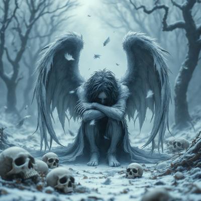 The primary subject of the image is a person, possibly an angel or a demon, sitting in a snowy forest. The setting is a snowy, wooded area with trees and a sky visible in the background. The visual style is a digital art or illustration, creating a surreal and eerie atmosphere. The colors are predominantly white and gray, with the snow and the person's clothing, giving the scene a cold and mysterious mood.